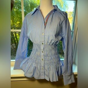 NWT🌷Anthropologie Blue & White Maeve Striped Cinched Waist Button Down Shirt